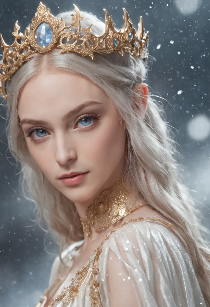 Elf Princess，Extremely detailed CG graphics，Best Picture Quality，A high resolution，Fantastic and beautiful scene，Floating posture，A girl in a white fairy robe，Blue eyes，Pure face，Droplets of water sprinkled in the sky，Clouds，twilight，A wide landscape，Watercolor-like picture。