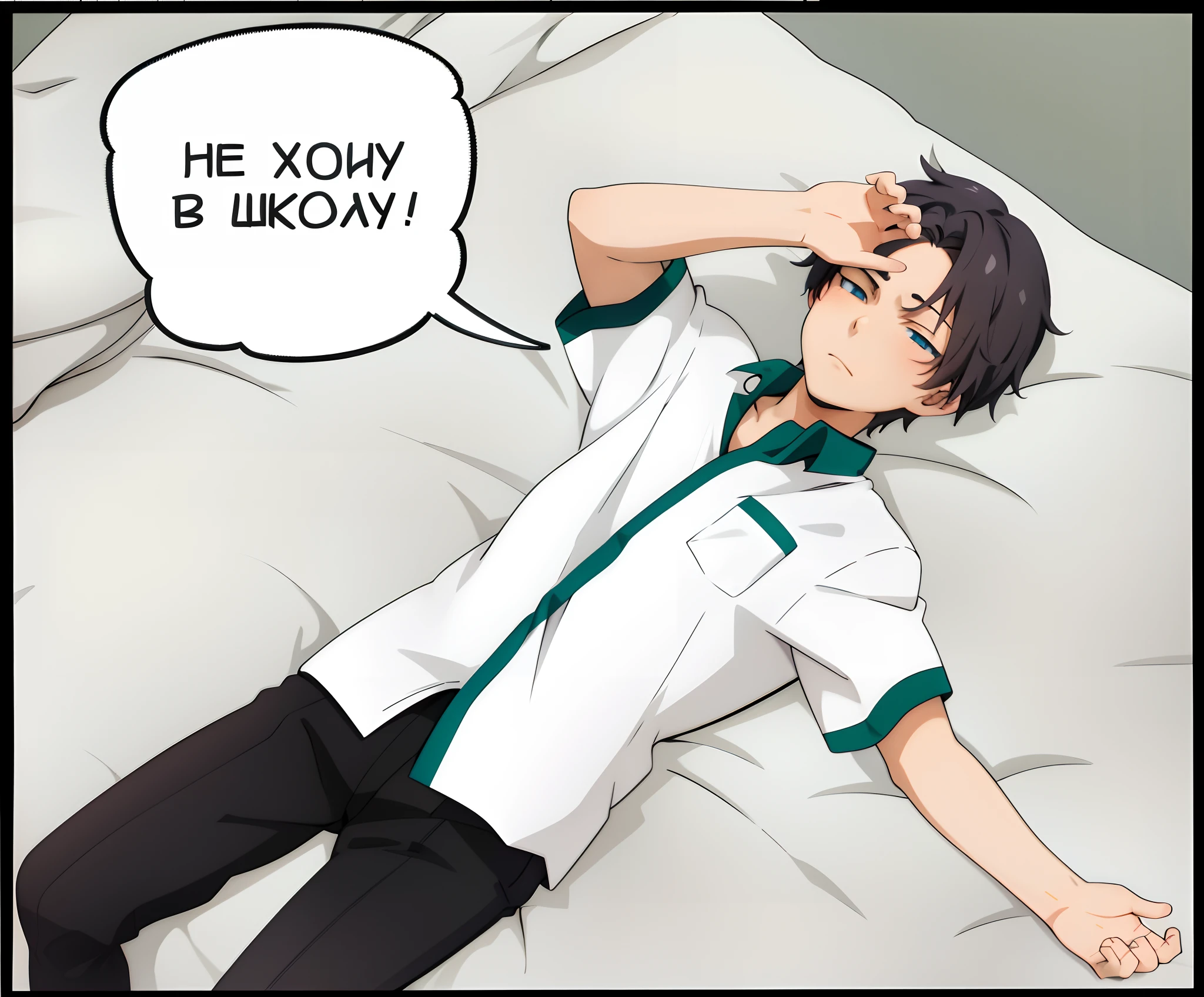 Anime boy laying on a bed with a speech bubble above his head - SeaArt AI