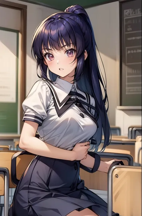 solo, (((anime girl))), school uniform, skirt, ((classroom in background)), ((high quality)), (extremely detailed)