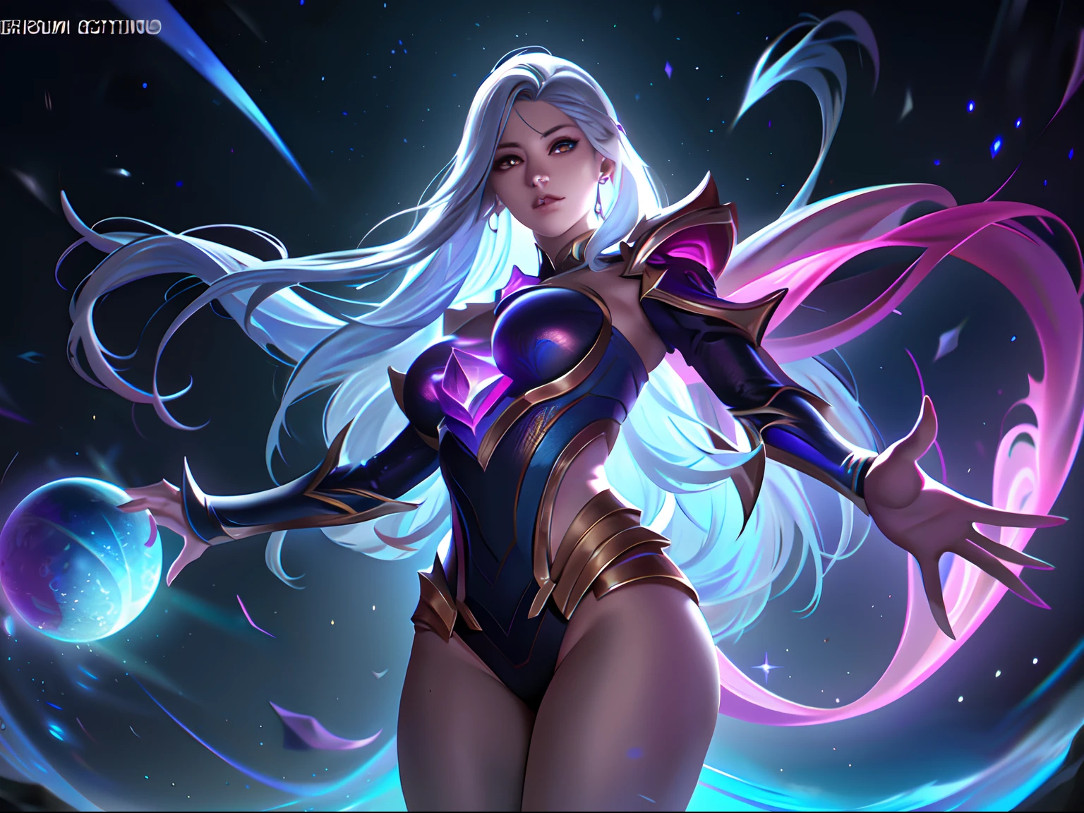 (League of Legends:1.5),Astrid, the Graviton Slinger, is depicted in her splashart as a powerful and enigmatic force, wielding her gravitational manipulation abilities with mastery. The scene takes place in a celestial realm, where stars and cosmic energy illuminate the vastness of space.

Astrid possesses an otherworldly beauty, with flowing silver-white hair that seems to shimmer with the brilliance of distant stars. Her skin has a faint celestial glow, radiating with the power she commands. She wears a sleek, futuristic suit adorned with intricate patterns that resemble constellations and gravitational fields. The suit hugs her figure, emphasizing her strength and agility.

In the center of her palms, Astrid generates orbs of gravitational energy, each pulsating with vibrant hues of purple and blue. These energy orbs form the foundation for her gravitational abilities. Surrounding her, smaller orbs and filaments of energy spin and orbit, representing the gravitational fields she creates and manipulates.

Astrid's eyes emit an intense, piercing gaze, glowing with the same gravitational energy that courses through her. Her expression conveys both focus and determination, revealing her unwavering control over the forces she wields.

The backdrop of the splashart showcases the vast expanse of space, filled with distant galaxies and nebulae. Ethereal strands of gravitational energy weave through the cosmos, forming intricate patterns and connecting celestial bodies. The scene creates a sense of awe and wonder, as Astrid harnesses the fundamental forces of the universe.

The color palette is dominated by deep purples, blues, and blacks, reflecting the cosmic nature of Astrid's powers. The vibrant energy orbs stand out against the dark backdrop, adding a dynamic and captivating element to the splashart, splashart, linhas de corpo, cores vibrantes, detalhes requintados, cinemactic, artstation, rosto detalhado, por rossdraws, por Kienan Laf,normal hands,holding ball,