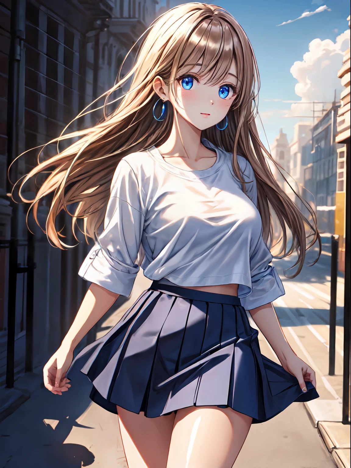 ((masterpiece+best quality+high resolution+illustration1.3+ultra 8k)), 1girl, ((detailed body)) ((attractive face)) ((long nose)) ((long facial structure)) (attractive eyes), blue eyes, blue t shirt, black crop skirt ,soft skin, outdoor, fantasy cloud, cloudy background, detailed body, long hair, detailed eyes, ((detailed shadow)), lighting, detailed, focus, earrings, hand detailed