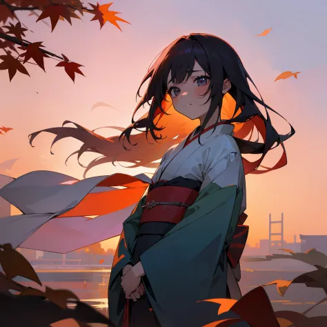 For a beautiful and aesthetic sky、Beautiful sunset。Below that、One girl standing。Her hair is in colorful shades of black and red、It shines even more vividly in the light of the setting sun。Behind her is、A large tree with autumn leaves towers、Many autumn lea...