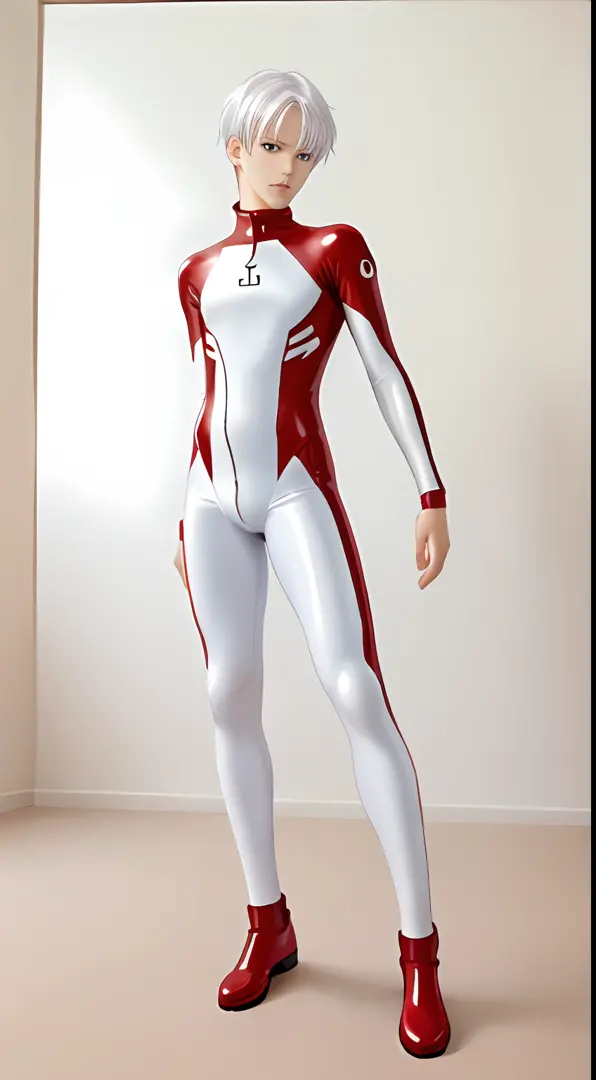 Futuristic rubber white and red body suit, skin tight, hair visible, hands  visible, gloves - SeaArt AI