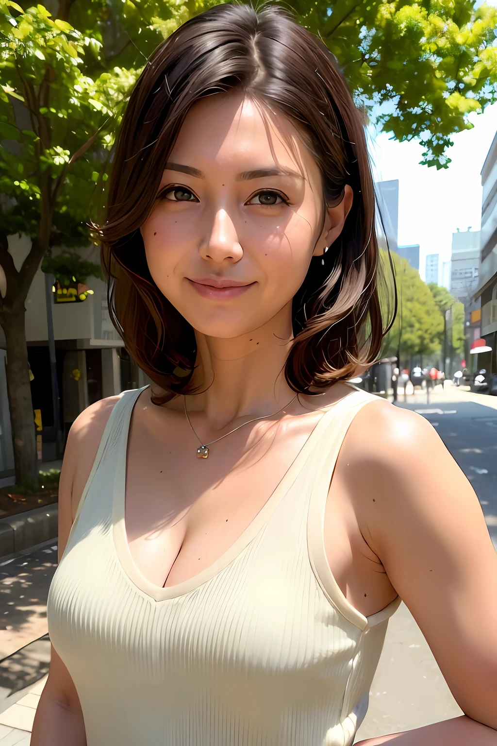 (in 8K, top-quality, ​masterpiece:1.2), (realisitic, Photorealsitic:1.37), ultra-detailliert, Natural sunlight, mideum breasts, I can see the cleavage, 1 persons, 35-year-old woman, Dark hair, Pendants, Torn shorts, Light Knit V-Neck Shirt, At the time of performance, extremely detailed face and skin, A detailed eye, extremely detailed face and skin, Look at viewers、Omotesando、Street Treeorning cityscape、Fashionable city、The morning sun is dazzling、