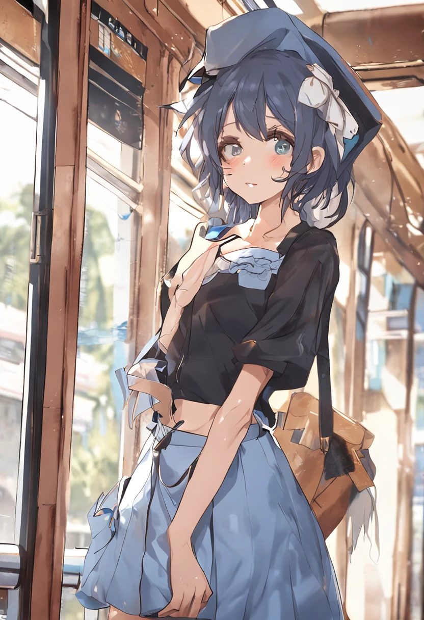 Anime girl in a black top and blue skirt standing in a train - SeaArt AI