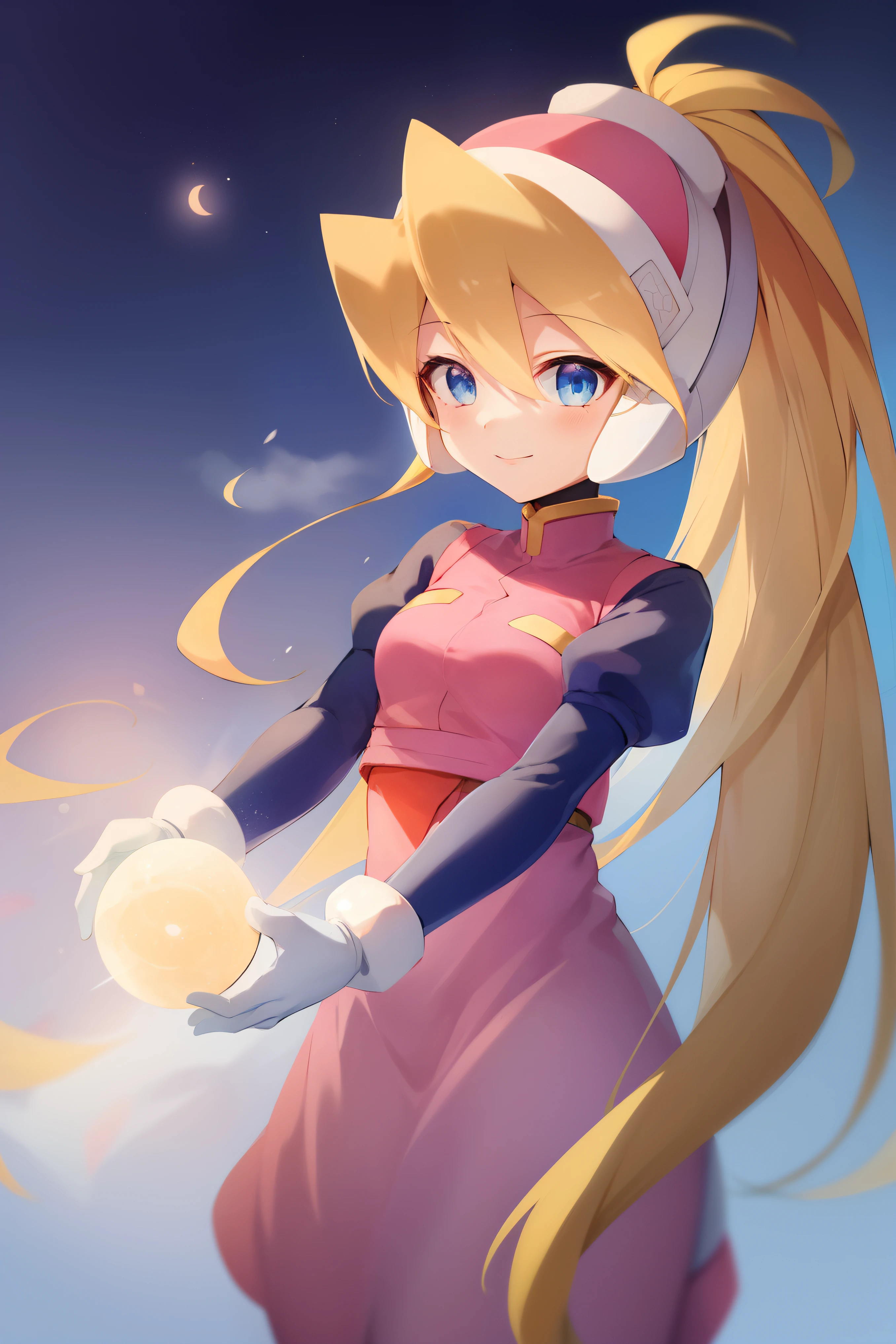 Skysky_megaman, 1girl in, solo, length hair, blue eyess, blonde  hair, poneyTail, head gear, light smile, maid, stars \(Skysky\),