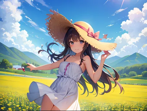 "A girl playing in the field while holding a radish with a smile、Depicting a landscape shining in the summer sun wearing a straw hat and boots、Beautiful image like a summer painting"