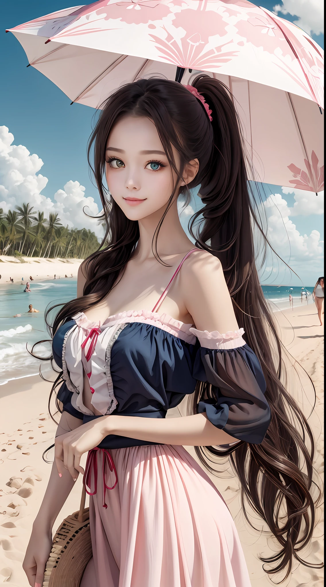 Pink girl with long hair and double ponytail，The pupils of the eyes sparkle，Heterochromia，Holding a flower umbrella，sandbeach，Blue sky，baiyun，light wind，Coquettish and cute expression，ultra HD wallpaper，3Drenderingof