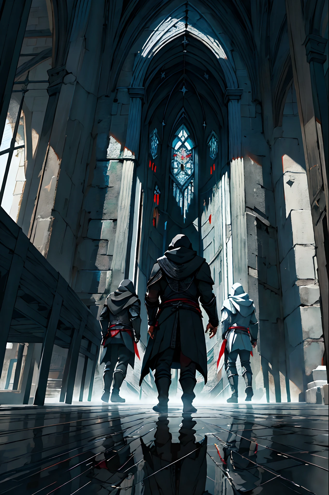 1men use long black hoodies with the Assassin's Creed Brotherhood theme, medieval, light reflection, focus, aesthetic, fantasy