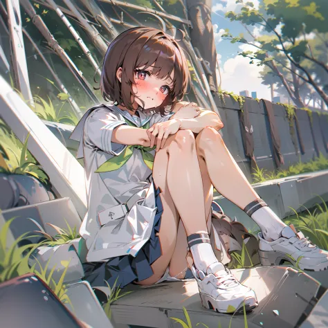 schoolgirl, Brown hair, Medium hair, Ultra-short sailor suit, (Naked:1.1),  (Blushing:1.0), Detailed face, Roadside, POV crouching，Expose the inside of your legs，Spread your legs，Tie your hands behind your back，transparent panty，nakeness