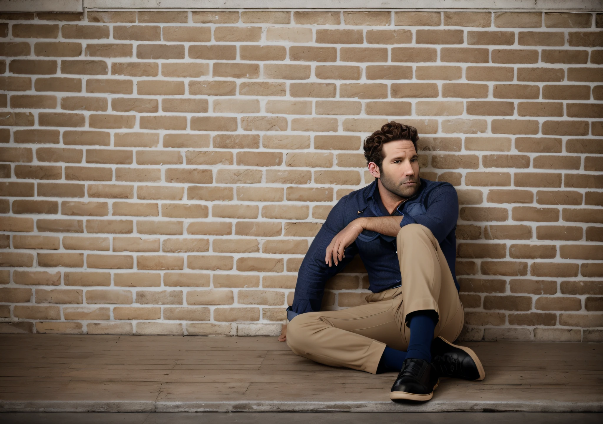 Arafed man sitting on the ground in front of a brick wall - SeaArt AI