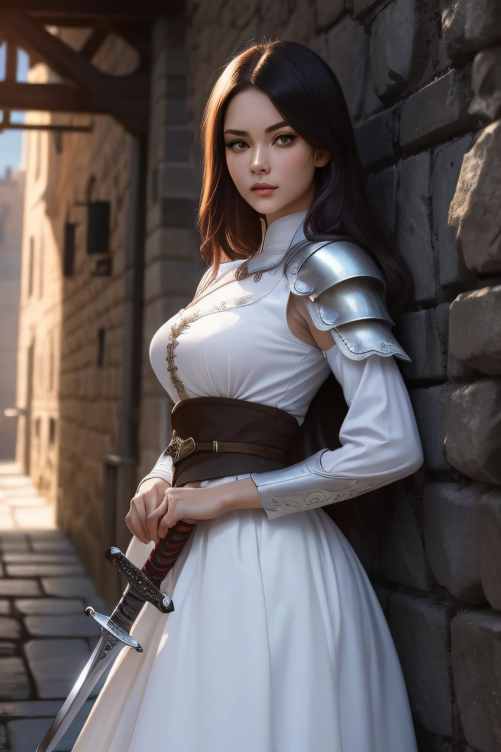 ((top-quality、​masterpiece、photographrealistic:1.4、in 8K))、1 beautiful detailed woman、extremely detailed eye and face、beatiful detailed eyes、（Princess in an armor-style dress）、Luxury accessories、Sharp face、（Fighting with a great sword in a castle town in medieval Europe）、Beautiful lighting、Textured skin、Super Detail、high detailing、High quality、hight resolution、（looking at the viewers）、borgar、fumo、Complex and detailed sword in European style
