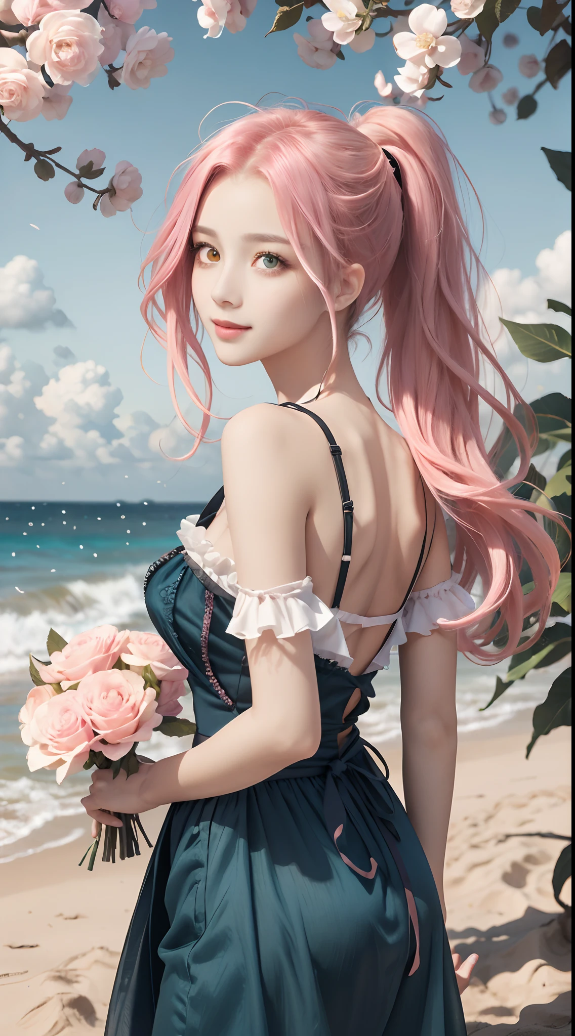 Long pink hair and double ponytail，The pupils of the eyes sparkle，Heterochromia，Girl holding flowers，Petal texture depicted，sandbeach，Blue sky，baiyun，Light wind，Coquettish and cute expression，ultra HD wallpaper，3Drenderingof