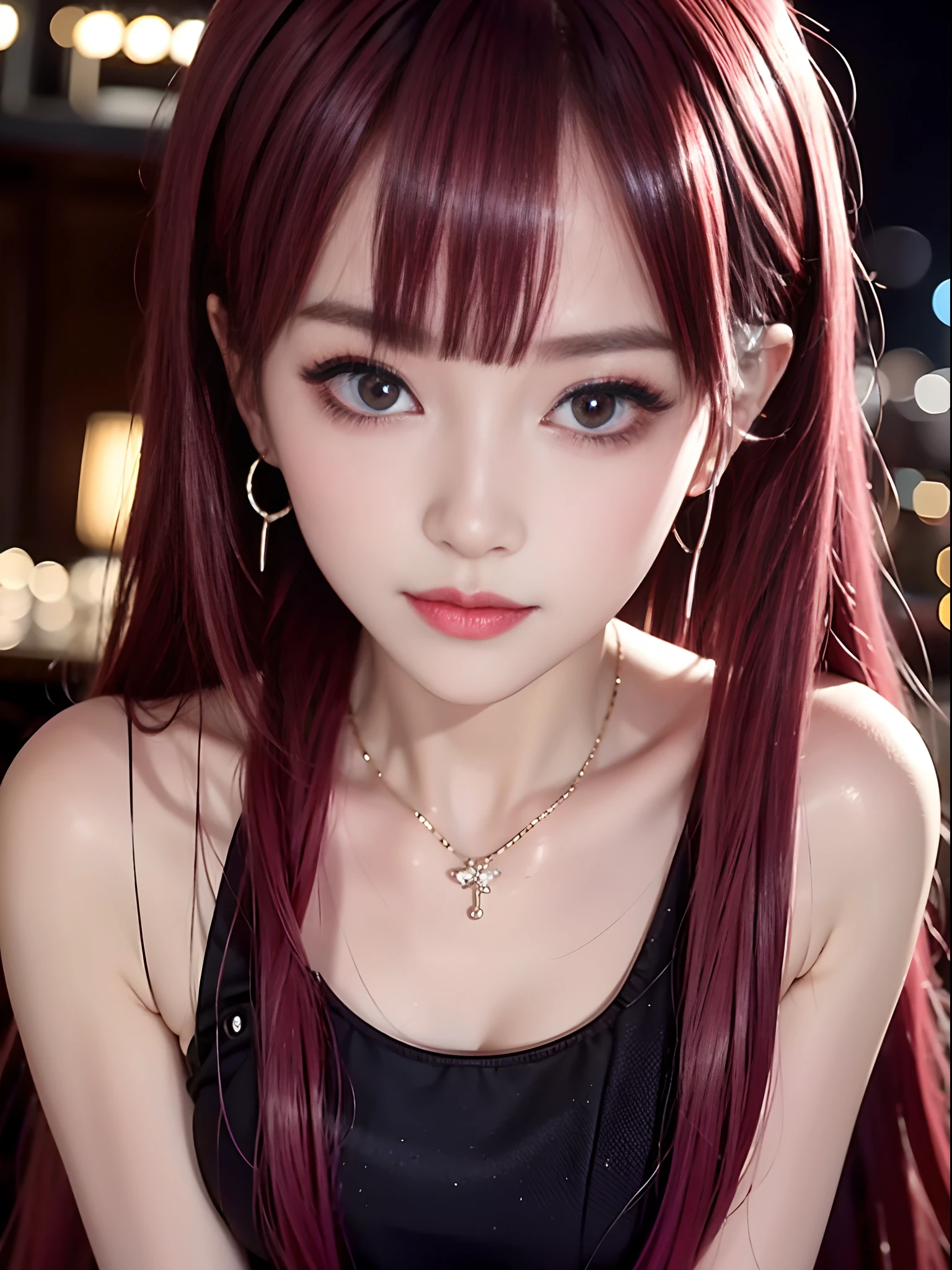 closeup, 1 girl, alone, [dark blue and pink hair: blue and pink hair:0.2], looking at audience, black eyes, long hair, interior, luminous laser earrings. high contrast, night, black, [freckles:0.9], reflective transparent rainbow, long hair, breasts, white skin most beautiful Korean woman's face, seductive expression, (relaxed pose: 1.5), eva, complex background, Sony a6300, extremely beautiful and gorgeous anime illustration, naked,full body,topless