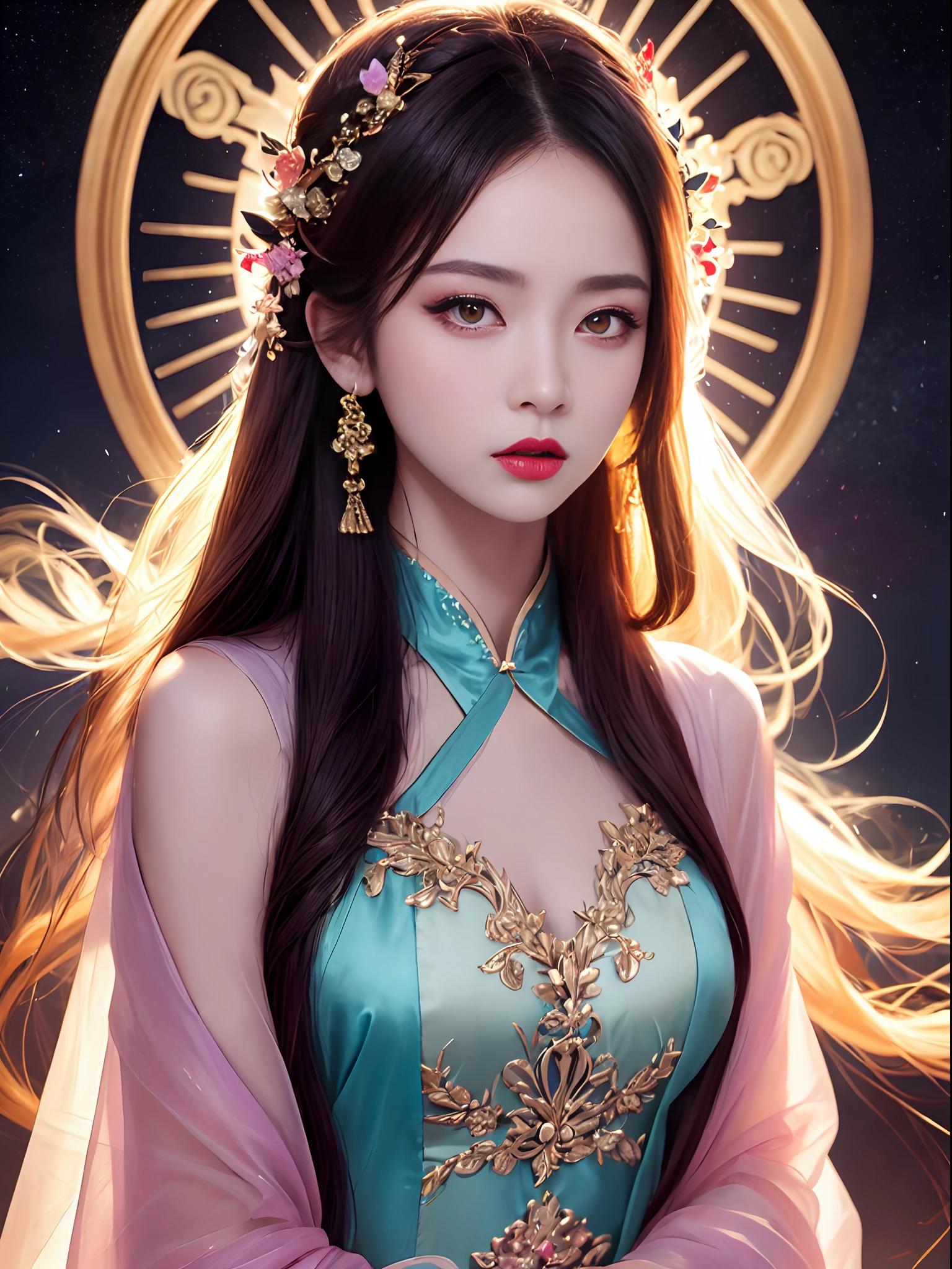 1 2, 1 황도 십이궁 goddess from the future, goddess of the pink and purple 12 황도 십이궁s, the goddess of the 황도 십이궁 in a yellow ao dai, a 12 황도 십이궁 ao dai with many black lace detail, mythology Goddess of the 12 황도 십이궁s from the future, 황도 십이궁 ♏, luxurious glittering 황도 십이궁 style, 어둡고 신비로운 버전, 황도 십이궁 crown, 립스틱 입술 레드, 얇고 아름다운 입술, 입 다물고, Karol Bak과 Pino Daeni가 만든 캐릭터, 복잡한 디테일, 자세한 배경, 매우 상세한, 가벼운 마법, 여자, 맑은 얼굴, 앞머리가 있는 긴 머리, 세세한 부분까지 아름다운 얼굴과 균형잡힌 눈, (투명한 노란 눈: 1.8), 큰 동그란 눈과 정말 아름답고 섬세한 메이크업, 선견, 실크 드레스, 신비한 메이크업 , 더블뱅과 밝은 금발로 염색 , 상반신 초상화, 황도 십이궁 goddess portrait, 느슨하게 늘어진 팔, 현실적이고 생생한 사진, (stars make up the 황도 십이궁: 1.7), (sky background 황도 십이궁 and fictitious space and time portal: 1.8), 소설 예술, RAW 사진, 한푸 그림, 최고의 사진, 최고의 사진 quality, 8K 품질, 8K 울트라, 초현실적, 실제 사진 가장 경제적, 여신이 섹시하고 매혹적인 포즈를 취하고 있다,