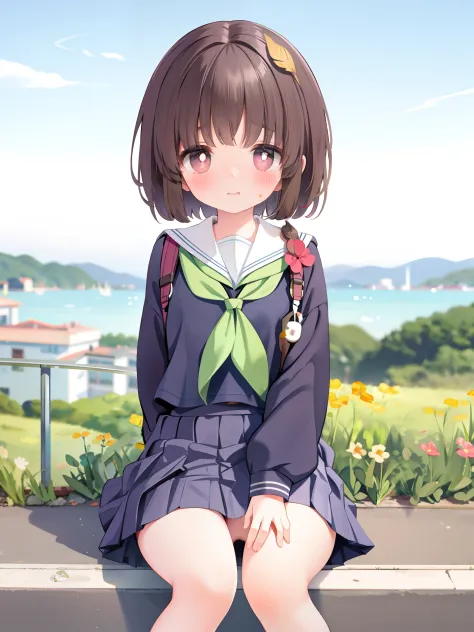schoolgirl, Brown hair, Medium hair, Ultra-short sailor suit, (Naked:1.1),  (Blushing:1.0), Detailed face, Roadside, POV crouching，Expose the inside of your legs，Hands tied behind your back，The skirt is blown by the wind，transparent panty