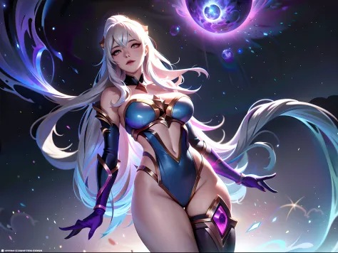 (League of Legends:1.5),Legendary skins,Astrid, the Graviton Slinger, is depicted in her splashart as a powerful and enigmatic force, wielding her gravitational manipulation abilities with mastery. The scene takes place in a celestial realm, where stars an...