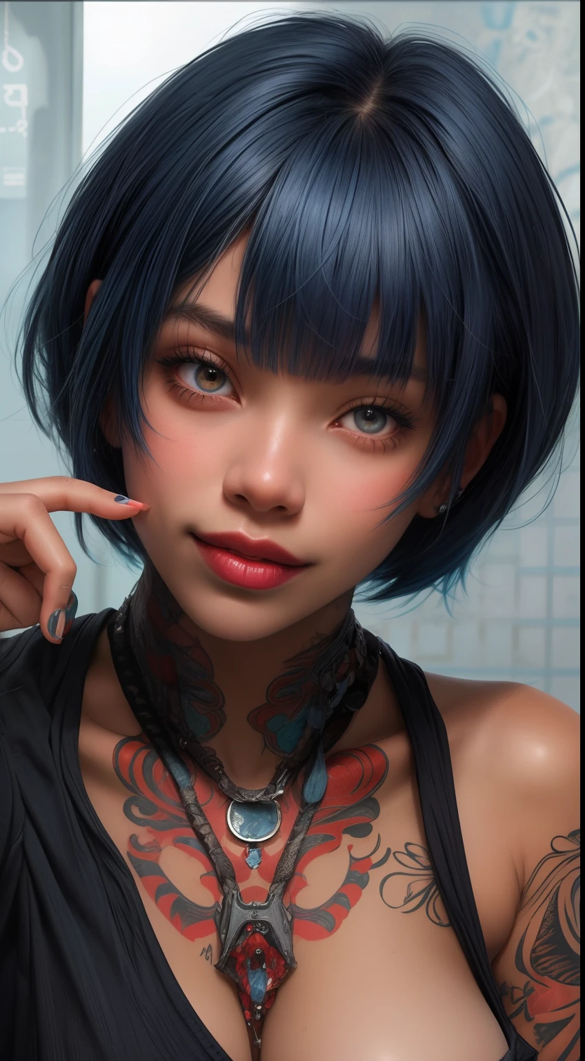 1 Close up portrait of 22-year-old woman with tattoos all over her face ((African American)), ((short, straight blue hair with bangs,)), smiling,((On his face々There are no tattoos)),( fleshy lips)big eye,red lipsticks,( Pils on the lips),choker necklace, 耳Nipple Ring, and makeup, See the angle of the face up close, looking in camera,red hairs,sexypose