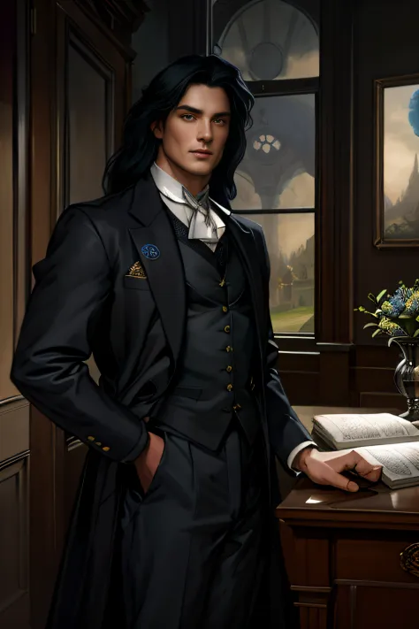 There is a man in a suit with a book in the room, black  hair, castle interior, portrait of fin wildcloak, Tom Bagshaw Donato Gi...