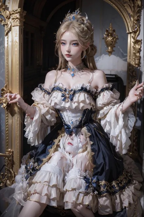((top-quality、​masterpiece、8K))、Blonde beauty、delicate and beautiful face、（Luxury dresses in the style of medieval Europe、Princess）、Luxury Accessories、European-style castle、Cinematic lighting、Textured skin、Super Detail、high detailing、High quality、hight res...