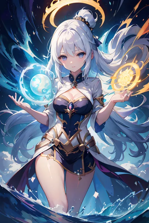 A woman with white hair and a blue dress holds a glowing ball, Beautiful celestial mage, Ayaka Genshin impact, white-haired god, Keqing from Genshin Impact, Anime fantasy artwork, epic mage girl character, Anime fantasy illustration, Anime goddess, shadowv...