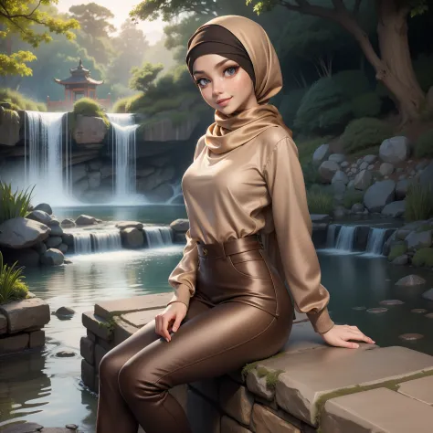 Masterpiece, realistic, best quality, best lighting, 1 girl photo solo, coffee shop, a girl work as barista, beautifully makeup, eyeshadow, Parted Lips, Detailed Eyes, beautiful big eyes, long eye lashes, smile, wearing ((light brown satin headscarf)), (lo...