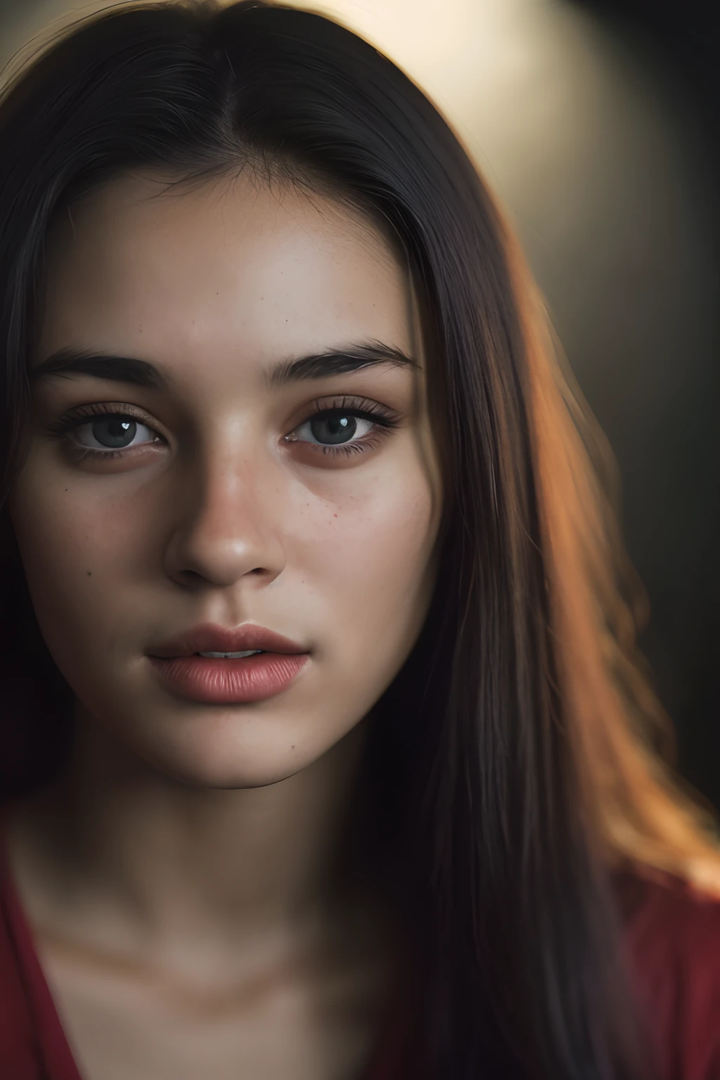 (close-up, editorial photograph of a 21 year old woman), (highly detailed face:1.4) (smile:0.7) (background inside dark, moody, private study:1.3) POV, by lee jeffries, nikon d850, film stock photograph ,4 kodak portra 400 ,camera f1.6 lens ,rich colors ,hyper realistic ,lifelike texture, dramatic lighting , cinestill 800, cute,