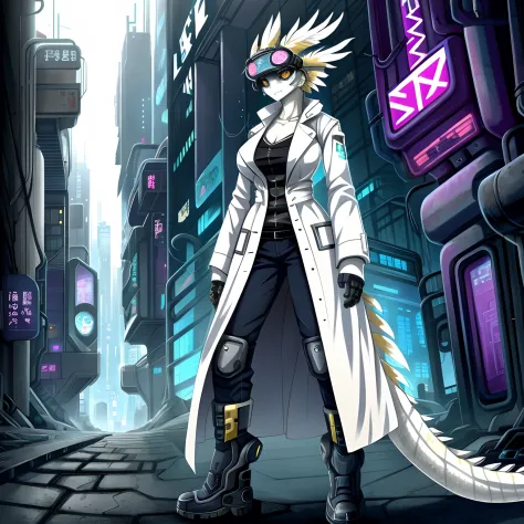 anime big breast, cyber punk perssonage,white dragon，moa，golden eyes，，white scales，feather tail， ((single)), (anthro:1.5), white...