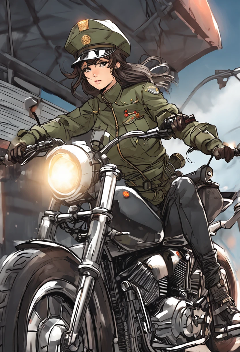 Anime girl in uniform riding a motorcycle in front of a building - SeaArt AI