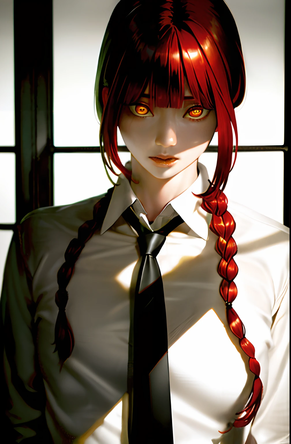 masterpiece, (photorealistic:1.4), best quality, beautiful lighting,
(ulzzang-6500:0.5), makima \(chainsaw man\), (red hair)+(long braided hair)+(bangs), yellow eyes, golden eyes, ((ringed eyes)), (white shirt), (necktie),
RAW photo, 8k uhd, film grain