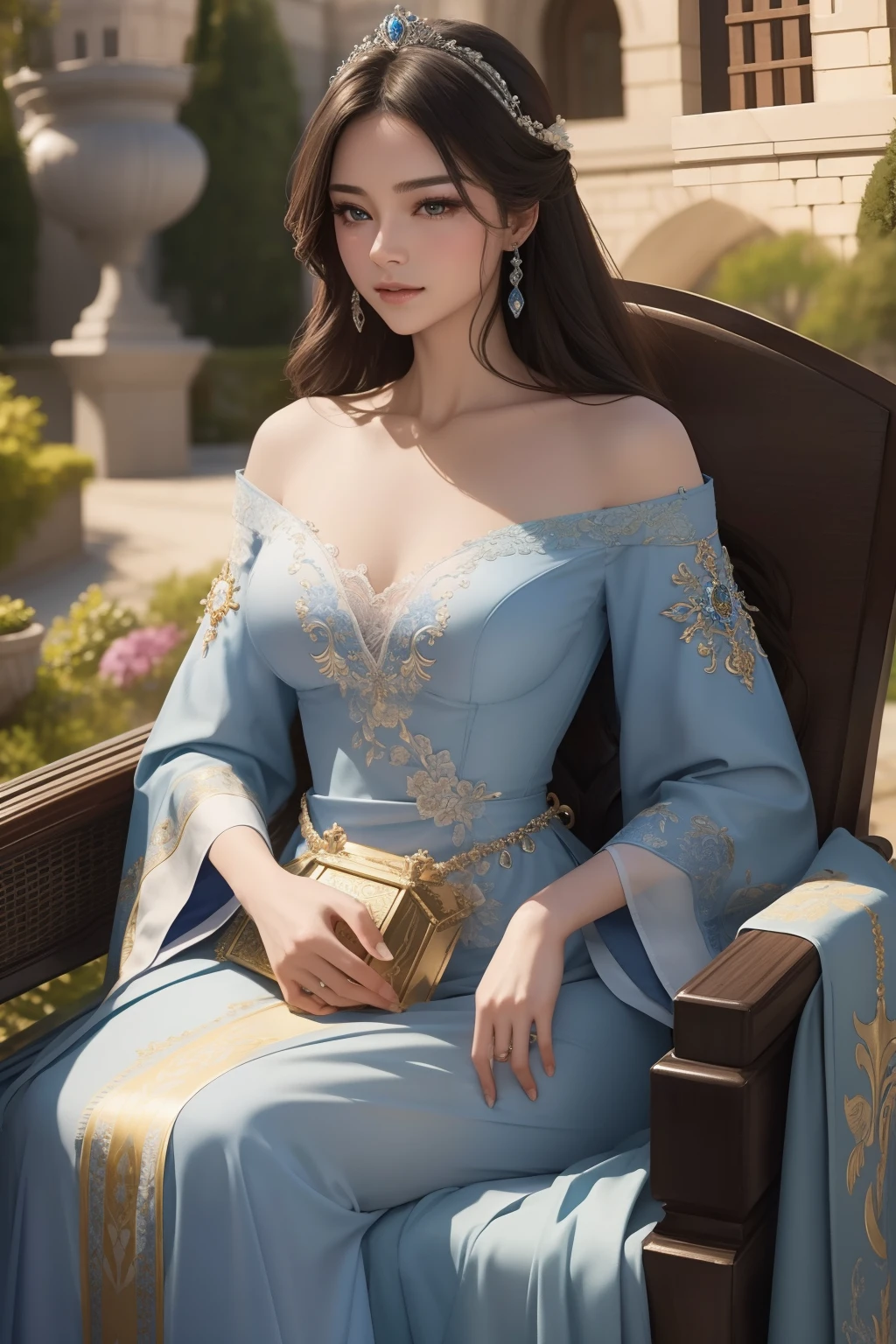 ((top-quality、​masterpiece、8K))、Beautuful Women、delicate and beautiful face、（Princess rides in carriage、Generate a look heading to the heart of the kingdom。Her dress is in beautiful blue、The carriage is ornately decorated。A magnificent castle rises behind。）、(huge tit)、Luxury Accessories、landscaped gardens、Rosa、Cinematic lighting、Textured skin、Super Detail、high detailing、High quality、hight resolution、looking at viewer、Medieval European style