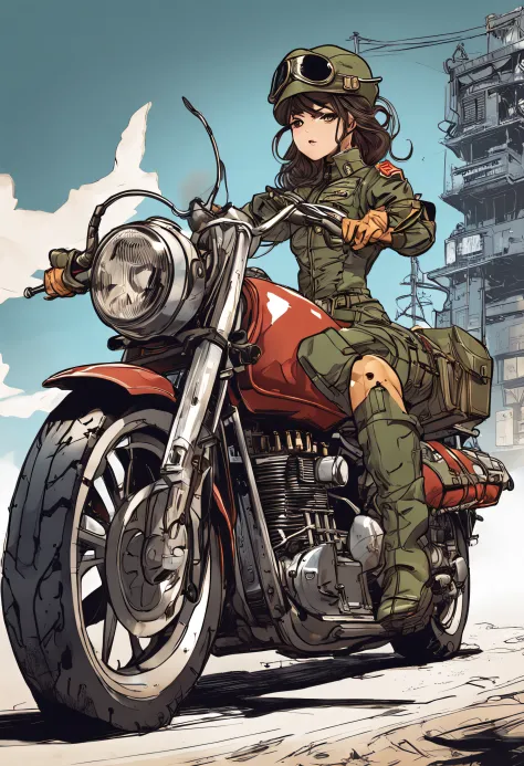 Anime girl in military uniform riding motorcycle with hat, Guviz, author：Yoshihiko Wada, Inspired by Masamune Shirow, dieselpunk soldier girl, Guviz-style artwork, by Kamagurka, guweiz masterpiece, style of masamune shirow, author：Uesaka Seka