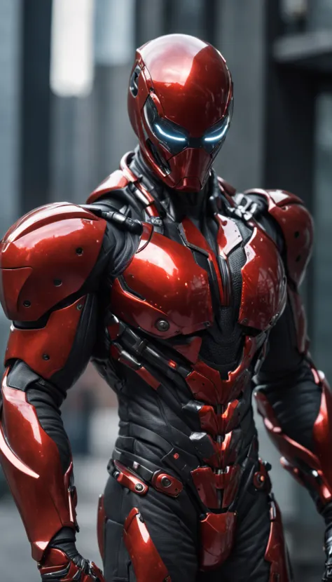 A Hi-Tech cyberpunk style red black Venom suit, Custom design, Mechanical tenticles, shining body, glowing look, full shining suit, body, hues.,steampunk style,cyberpunk style,mecha, perfect custom Hi-Tech suit, holding sword, weapon master, Hi-Tech belt, ...