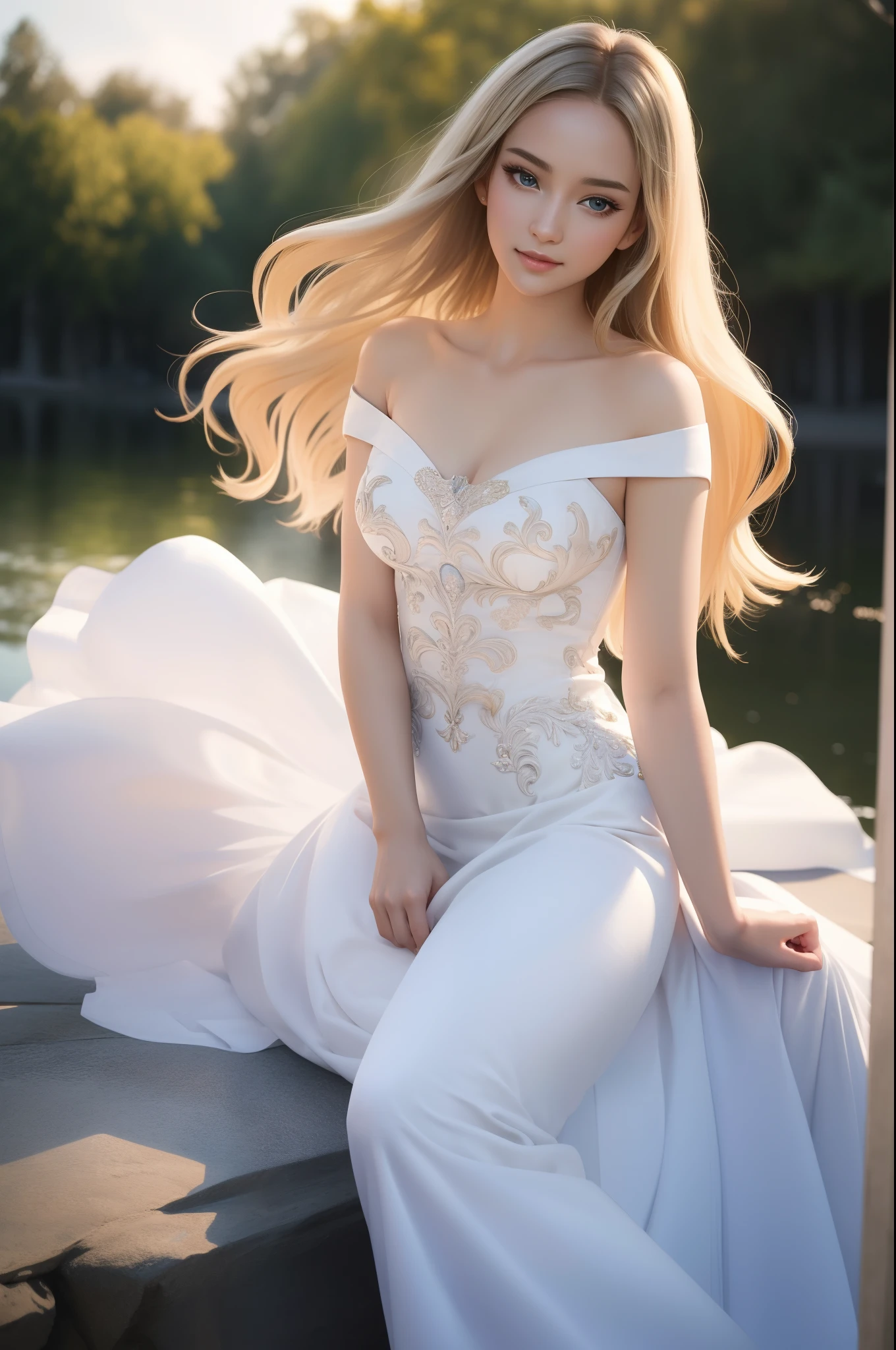 ((top-quality、​masterpiece、photographrealistic:1.4、8K))、1 beautiful detailed girl、extremely detailed eye and face、beatiful detailed eyes、（Complex and elegant dress in the style of medieval Europe、Princess）、Luxury Accessories、Elegant smile、natta、（Princess gracefully straddling white unicorn。Hair swaying in the wind and dresses complement her noble vibe。）、Cinematic lighting、Textured skin、Super Detail、high detailing、High quality、hight resolution、（looking at the viewers）