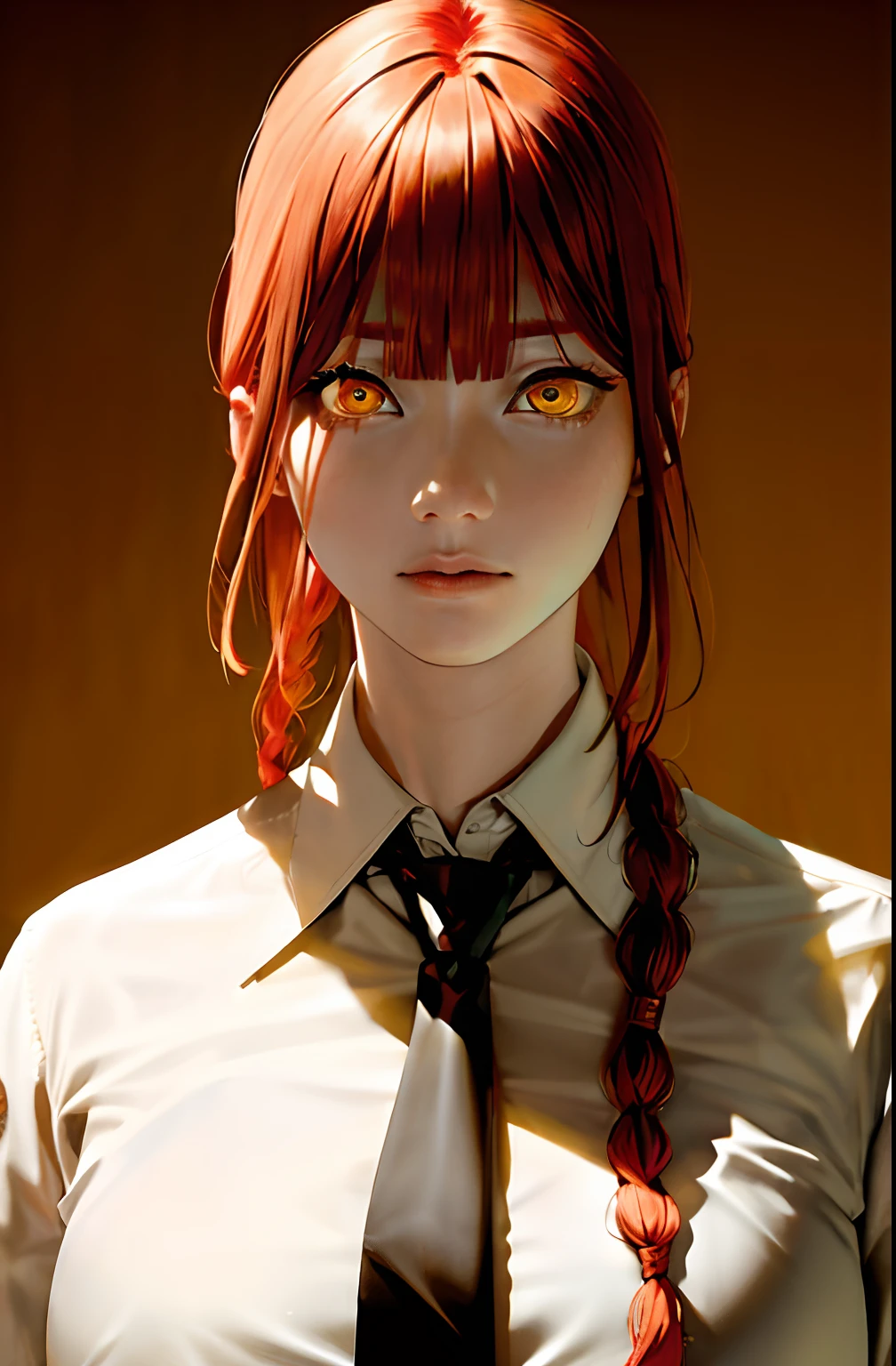 masterpiece, (photorealistic:1.4), best quality, beautiful lighting,
(ulzzang-6500:0.5), makima \(chainsaw man\), (red hair)+(long braided hair)+(bangs), yellow eyes, golden eyes, ((ringed eyes)), (white shirt), (necktie),
RAW photo, 8k uhd, film grain