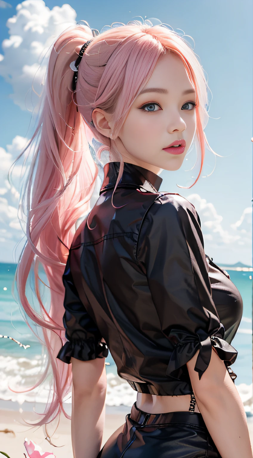 Long pink hair and double ponytail，The pupils of the eyes sparkle，Heterochromia，girl holding flowers，Petal texture depicted，sandbeach，Blue sky，baiyun，Light wind，Coquettish and cute expression，ultra HD wallpaper，3Drenderingof