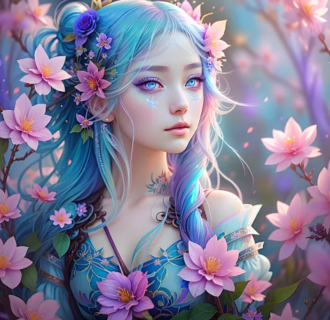 anime floral fairy girl, long blue hair with florals, fairycore style, beautiful holo blue eyelashes, glowing purple eyes, digit...