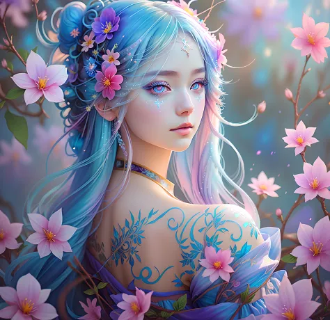 anime floral fairy girl, long blue hair with florals, fairycore style, beautiful holo blue eyelashes, glowing purple eyes, digit...