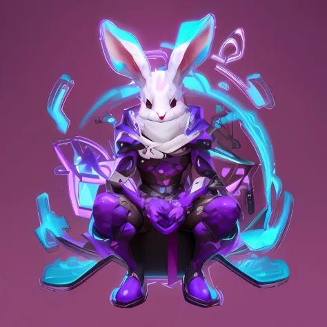 Purple rabbit sitting on a box with a knife and knife in hand, rabbt_Character, rabbit warrior, style of duelyst, inspired by Kanbun Master, fighting game character, Nasassa, 3 d render official art, electrixbunny, this character has cryokinesis, katana ze...