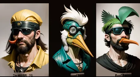 Bird-headed bird-beaked man，Wear round goggles，8 different birds