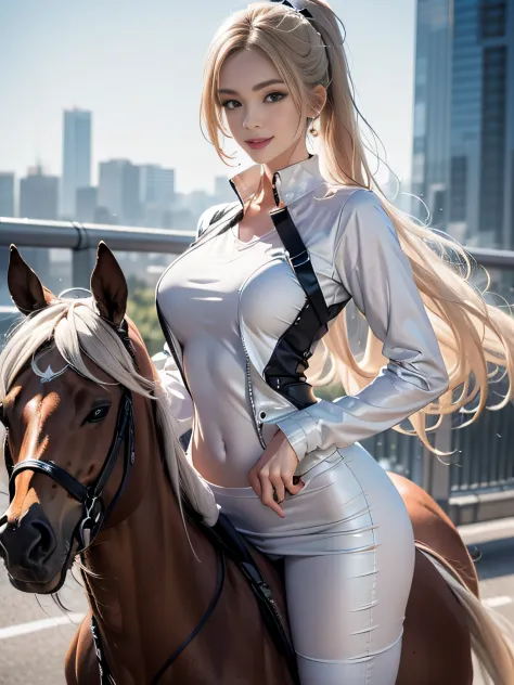 one-girl, Tall and tall，Pure white high ponytail long hair，beautiful lovely，Wears a white one-piece mech suit，highways，mounted o...