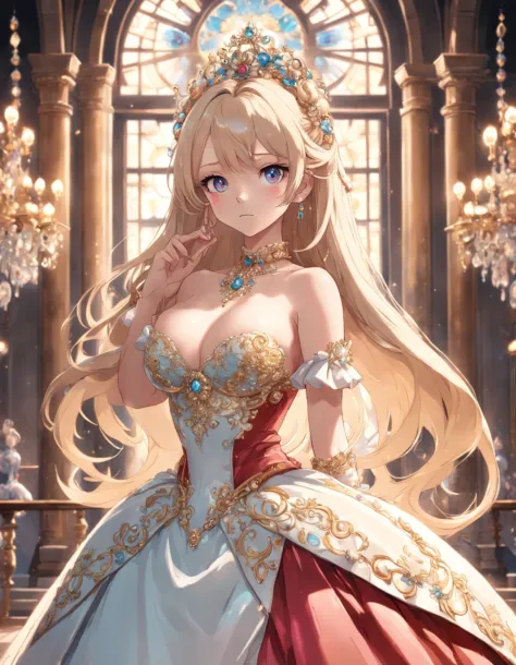 ((anime artstyle)),(Masterpiece),(Best Quality),(Super Detail),(Very Delicate and Beautiful),Solo,((full body,standing pose)),standing in the royal palace,((1 queen in gorgeous rococo ballgown with voluminous full length hoop skirt)),(crinoline),gorgeousfu...