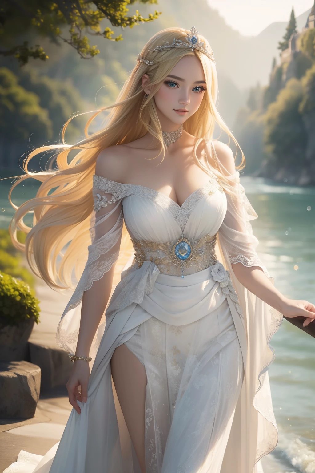 ((top-quality、​masterpiece、photographrealistic:1.4、8K))、1 beautiful detailed girl with blonde hair、extremely detailed eye and face、beatiful detailed eyes、（Greek mythological style dress、Princess）、Luxury Accessories、Elegant smile、（Princess walking gracefully on the shore、A magnificent forest in the background）、Cinematic lighting、Textured skin、Super Detail、high detailing、High quality、hight resolution、（looking at the viewerystic atmosphere、a bird