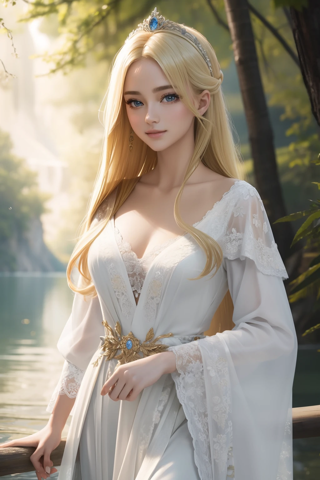 ((top-quality、​masterpiece、photographrealistic:1.4、8K))、1 beautiful detailed girl with blonde hair、extremely detailed eye and face、beatiful detailed eyes、（Greek mythological style dress、Princess）、Luxury Accessories、Elegant smile、（Princess walking gracefully on the shore、A magnificent forest in the background）、Cinematic lighting、Textured skin、Super Detail、high detailing、High quality、hight resolution、（looking at the viewers）、mystic atmosphere、a bird