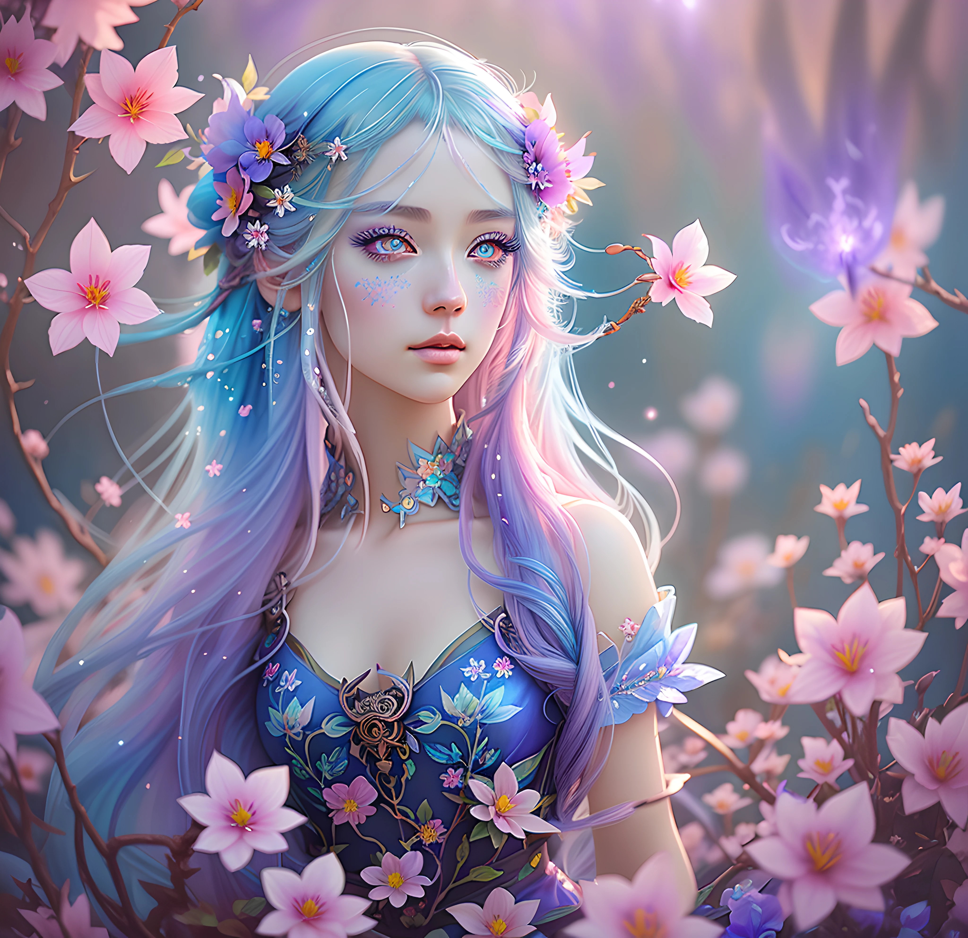 Anime Blumen Fee Mädchen, lange blaue Haare mit Blumen, Fairycore-Stil, wunderschöne holoblaue Wimpern, Leuchtend violette Augen, digital Illustration, Gotik Renaissance, Zentriert, der Perfektion nahe, dynamisch, sehr detailliert, Aquarellmalerei, artstation, Konzeptkunst, Glatt, scharfer Fokus, Illustration, Kunst von Wlop und Ross Tran, Rosa,Lila und Hellblau, tetradische Farben