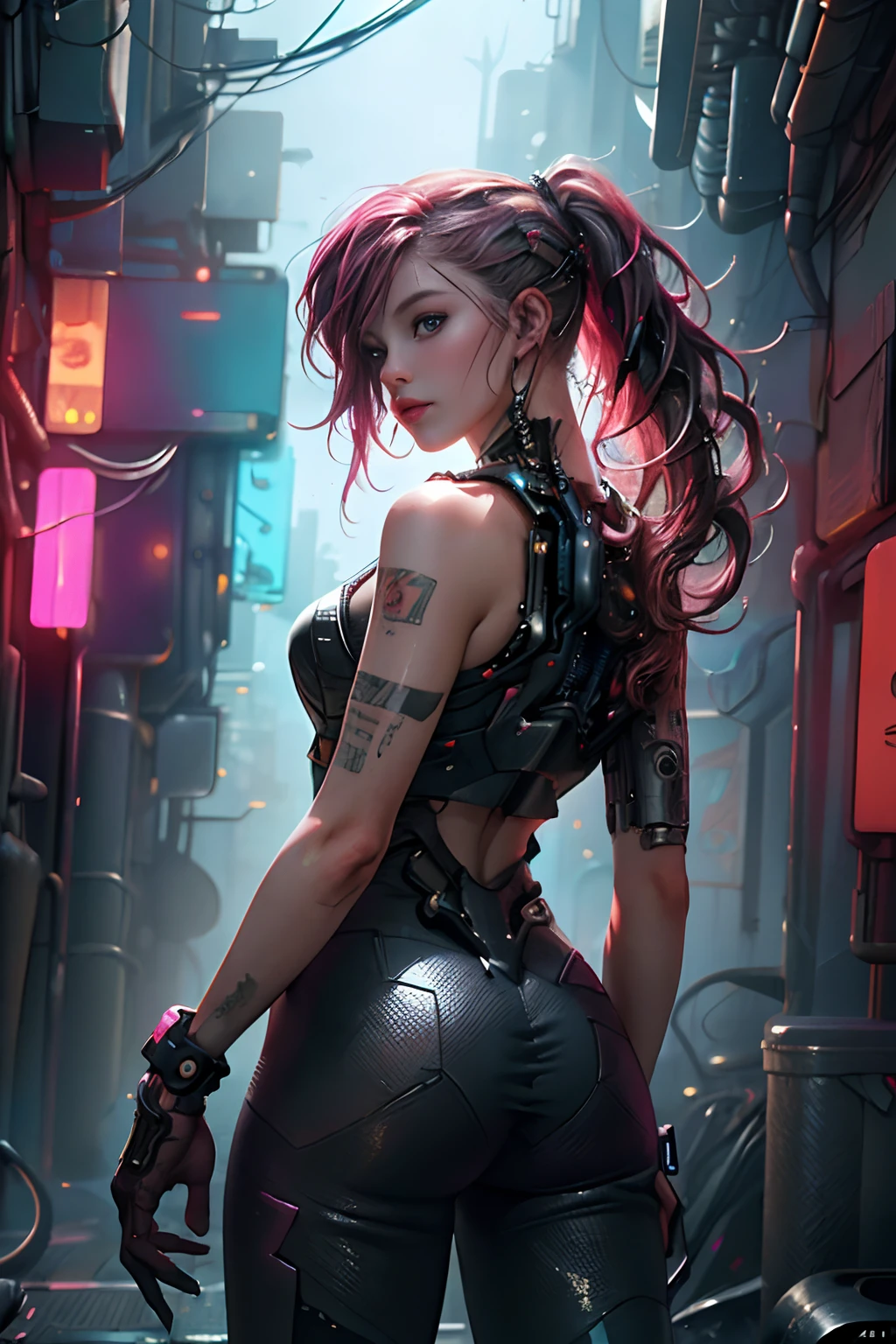 garota ciberpunk,(qualidade máxima、8K、32K、obra-prima)、(O ultra -A alta definição)、(Fotorrealístico:1.4)、Fotografia RAW,Figura perfeita encantadora, câmera de frente, tiro de vaqueiro, pose dinâmica, cabelo longo e sem forma, câmera de frente, Moda cyberpunk detalhada、Mundo do Cyberpunk,profundidade de campos,fundo desfocado, iluminação cinematográfica.