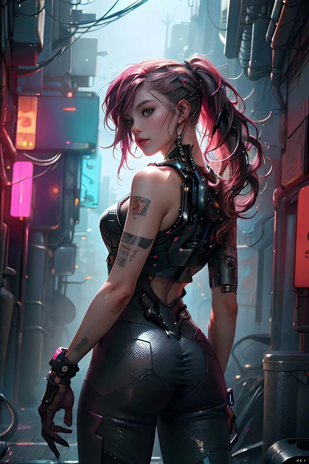 cyber punk Girl,(top-quality、8K、32K、​masterpiece)、(The ultra -The high-definition)、(Photorealsitic:1.4)、Raw photography,Charming perfect figure, facing camera, cowboy shot, dynamic pose, long shapeless hair, facing camera, Detailed cyberpunk fashion、World of Cyberpunk,depth of fields,blurry backround, cinematic lighting.