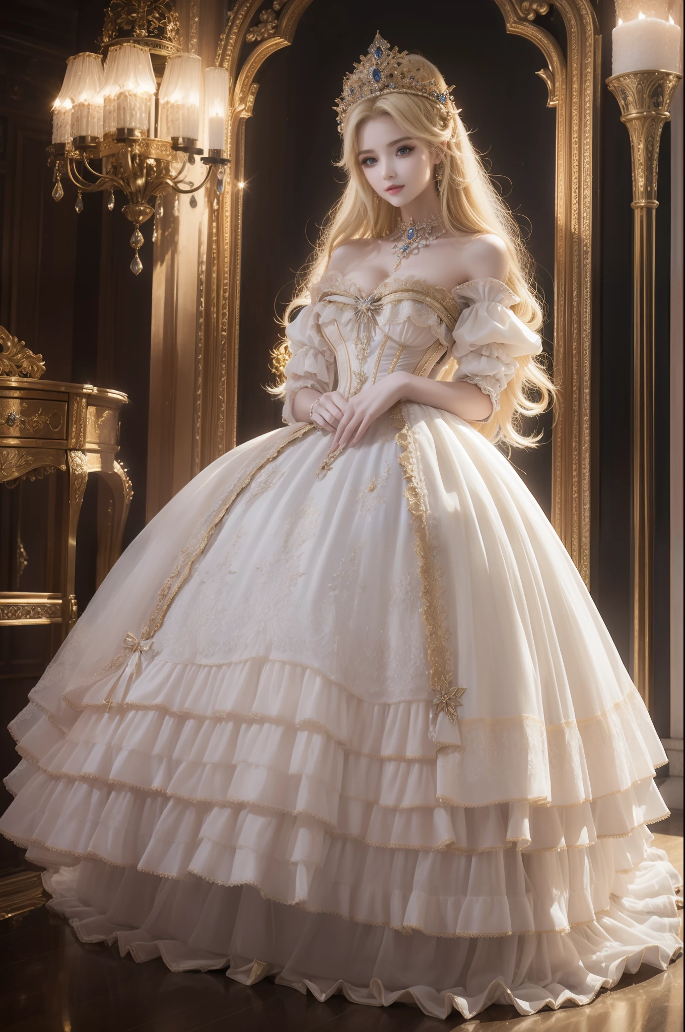 ((top-quality、​masterpiece、8K))、Blonde beauty、delicate and beautiful face、（Luxury dresses in the style of medieval Europe、Princess）、Luxury Accessories、European-style castle、Cinematic lighting、Textured skin、Super Detail、high detailing、High quality、hight resolution
