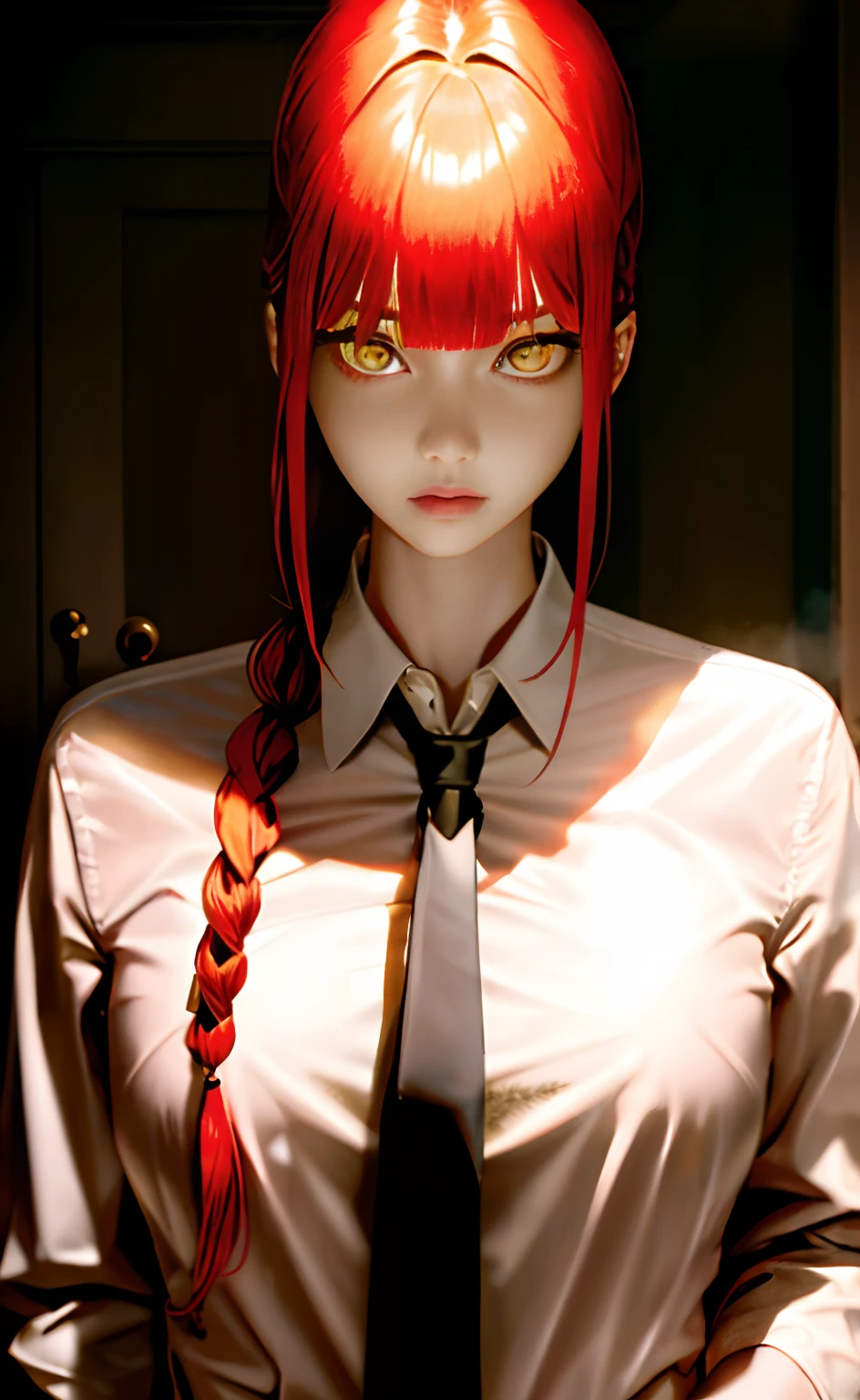 masterpiece, (photorealistic:1.4), best quality, beautiful lighting,
(ulzzang-6500:0.5), makima \(chainsaw man\), (red hair)+(long braided hair)+(bangs), yellow eyes, golden eyes, ((ringed eyes)), (white shirt), (necktie), (slender), (middle size breast:0.8)
RAW photo, 8k uhd, film grain