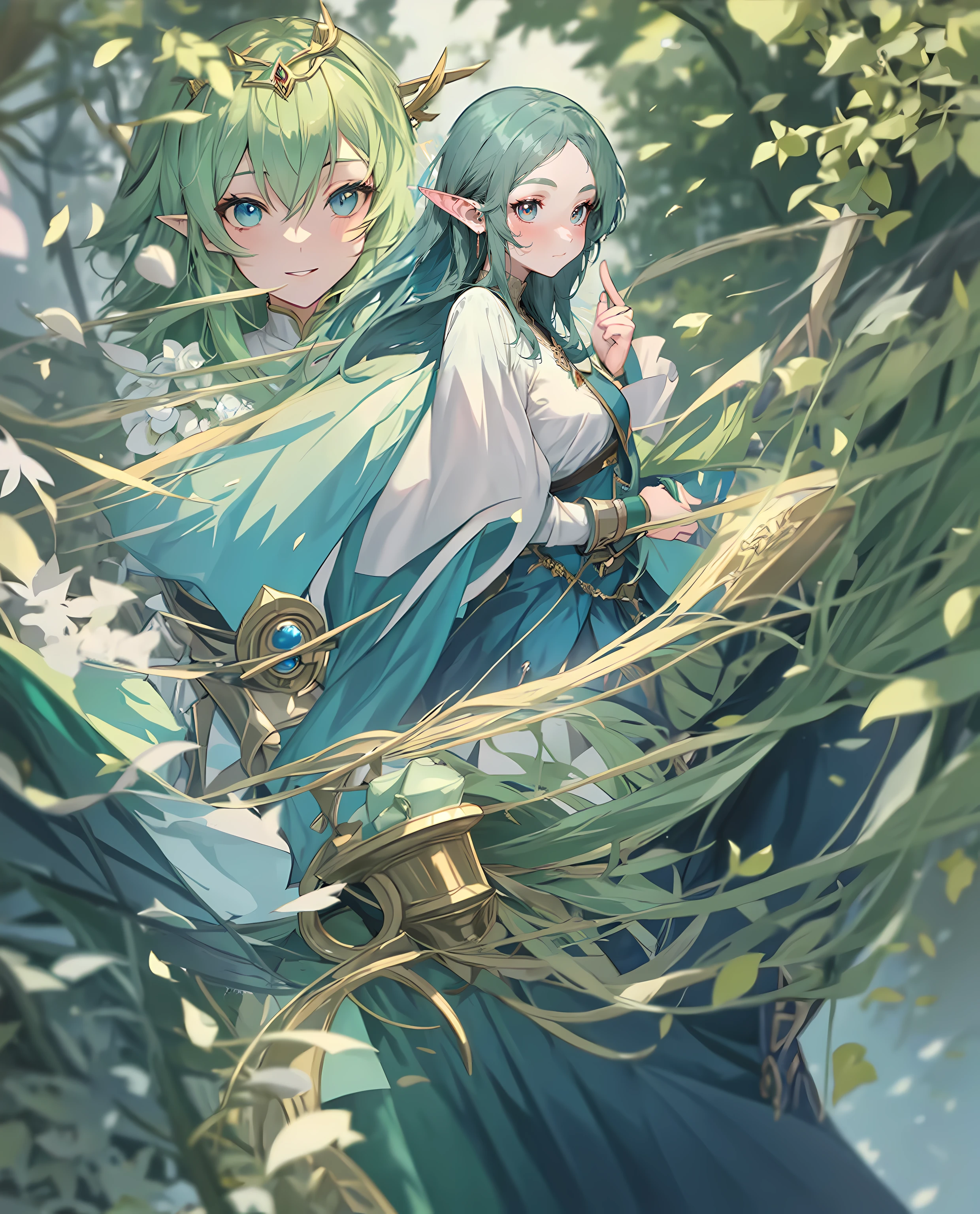 A couple of anime characters are standing in a forest - SeaArt AI